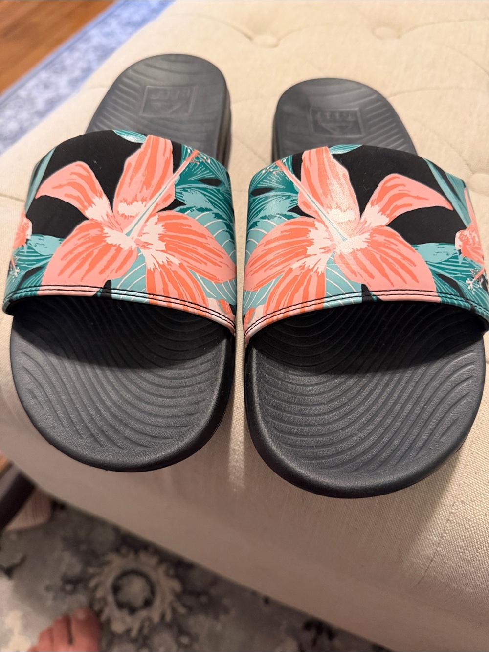 Reef Black Slide Sandals with Coral Floral Strap - brand new!!!  Never worn!!!!